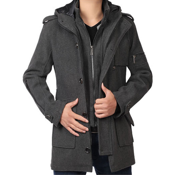 Модерно мъжко палто с качулка в сив и черен цвят