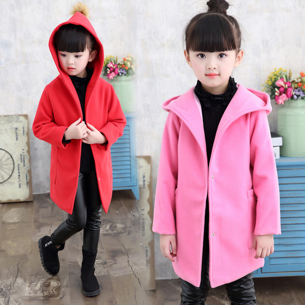 Μοντέρνο παιδικό παλτό με κουκούλα και τσέπες σε κόκκινο και ροζ