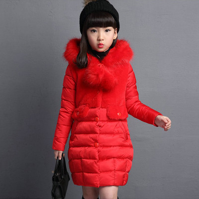Модерно детско зимно яке с елемент пух дълъг модел в червен и черен цвят 