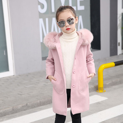 Модерно детско палто с елемент пух и джобове в розов цвят 