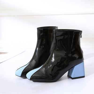 Cizme din piele lacuita cu toc gros in doua culori