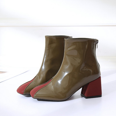 Cizme din piele lacuita cu toc gros in doua culori