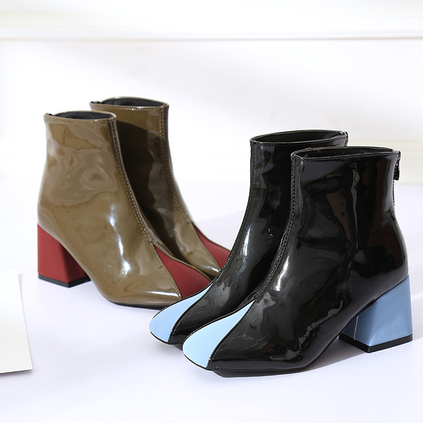 Cizme din piele lacuita cu toc gros in doua culori