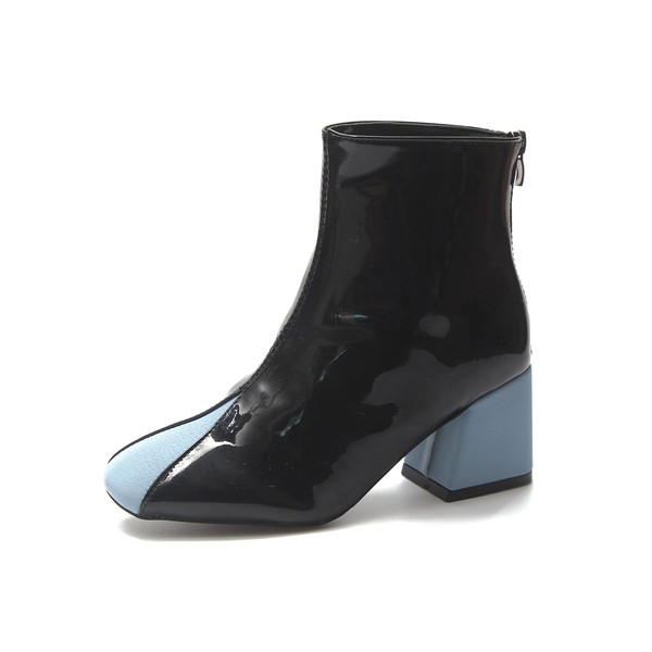 Cizme din piele lacuita cu toc gros in doua culori