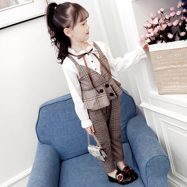 Стилен детски кариран комплект за момичета 