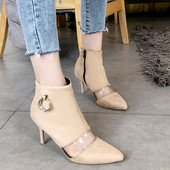 Ghete de dama moderne cu toc subtire, elemente transparente si decor metalic in doua culori