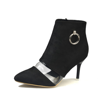 Ghete de dama moderne cu toc subtire, elemente transparente si decor metalic in doua culori