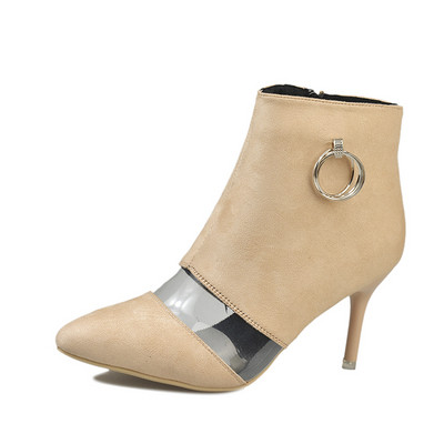 Ghete de dama moderne cu toc subtire, elemente transparente si decor metalic in doua culori