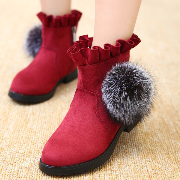 Cizme moderne pentru copii din piele intoarsa pentru fete cu element de puf in mai multe culori