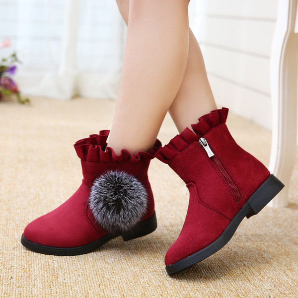 Cizme moderne pentru copii din piele intoarsa pentru fete cu element de puf in mai multe culori