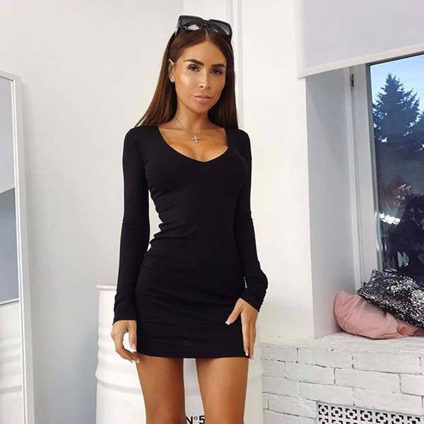 Μοντέρνο γυναικείο φόρεμα με ντεκολτέ σε σχήμα V και μακριά μανίκια σε διάφορα χρώματα