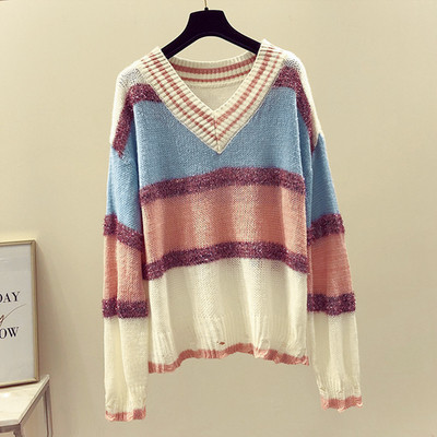 ΝΕΟ μοντέρνο γυναικείο πουλόβερ με ντεκολτέ σε σχήμα V σε ρέοντα χρώματα