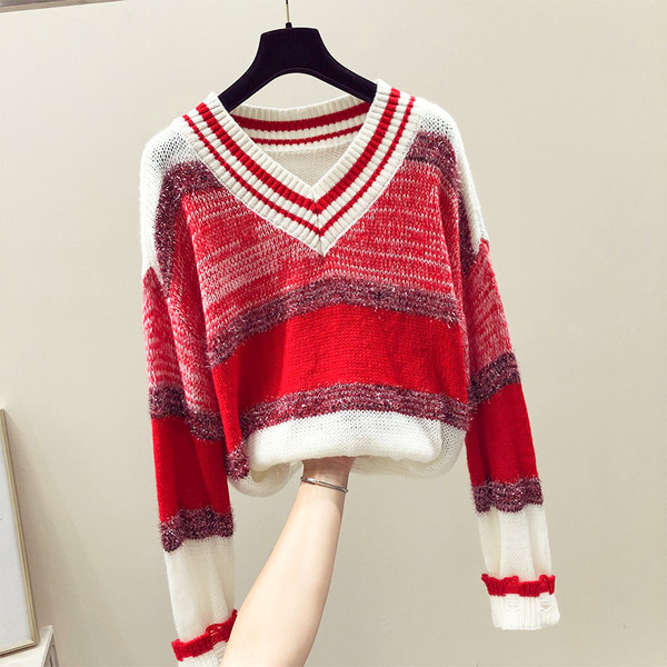 ΝΕΟ μοντέρνο γυναικείο πουλόβερ  με ντεκολτέ σε σχήμα V σε ρέοντα χρώματα