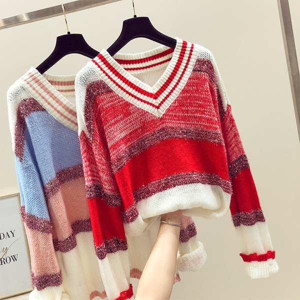 ΝΕΟ μοντέρνο γυναικείο πουλόβερ  με ντεκολτέ σε σχήμα V σε ρέοντα χρώματα