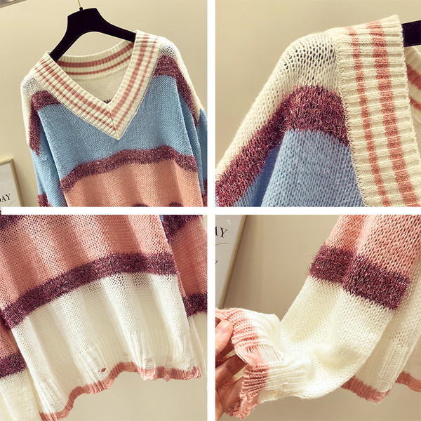 ΝΕΟ μοντέρνο γυναικείο πουλόβερ  με ντεκολτέ σε σχήμα V σε ρέοντα χρώματα