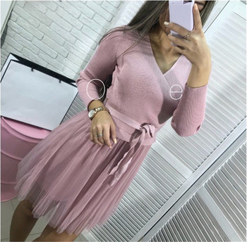 Rochie moderna de dama cu decolteu in V si tul in mai multe culori