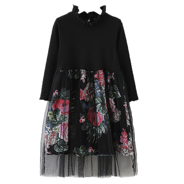 Rochie pentru copii cu motive florale si tul in alb si negru