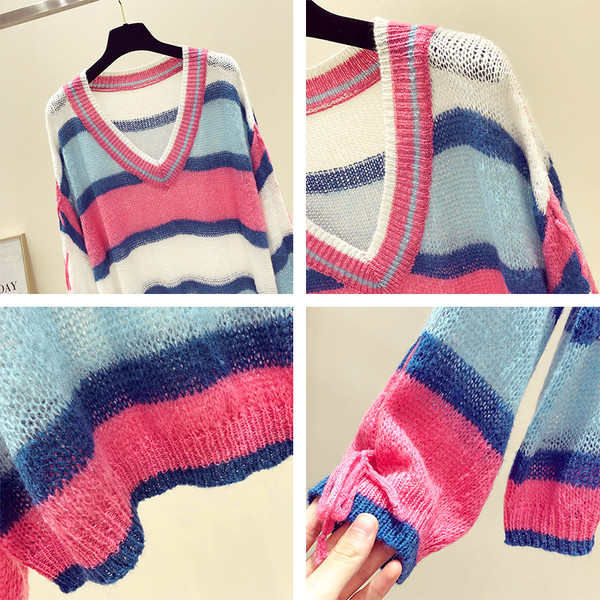 Pulover de damă modern în dungi cu legături pe mâneci - două culori