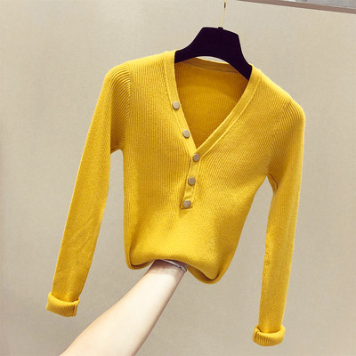 Slim women`s sweater with V-neck and decoration buttons - different colors