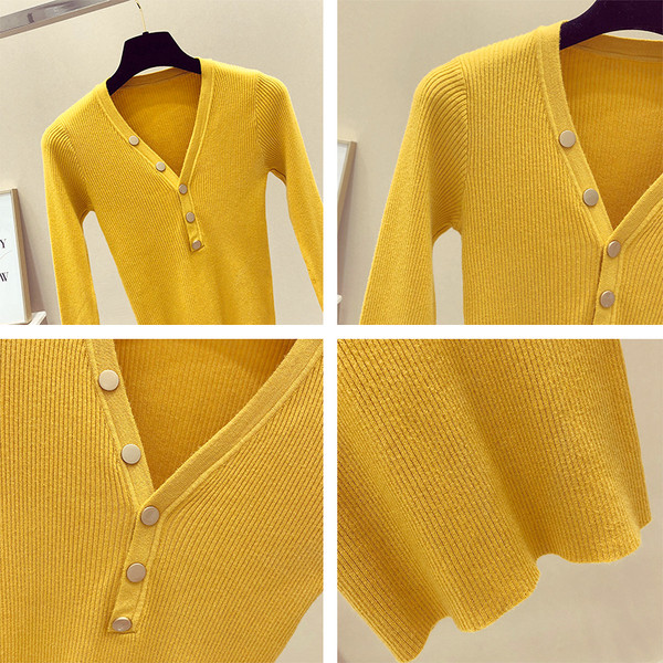 Λεπτό γυναικείο πουλόβερ με ντεκολτέ σε σχήμα V και κουμπιά διακόσμησης - διαφορετικά χρώματα