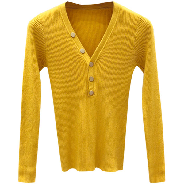 Λεπτό γυναικείο πουλόβερ με ντεκολτέ σε σχήμα V και κουμπιά διακόσμησης - διαφορετικά χρώματα