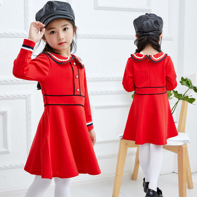 Стилна детска рокля с яка и копчета в червен цвят