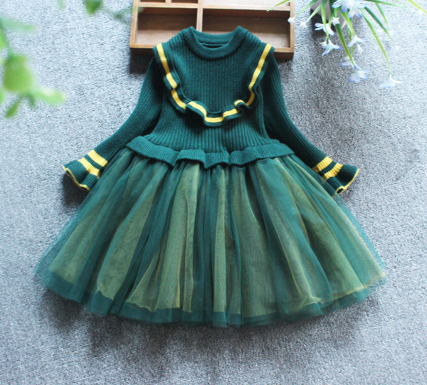 Χειμερινό παιδικό φόρεμα σε πράσινο, κίτρινο και μαύρο χρώμα