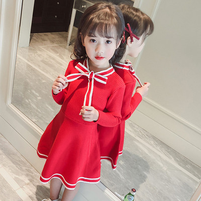 Стилна детска рокля с панделка в черен и червен цвят