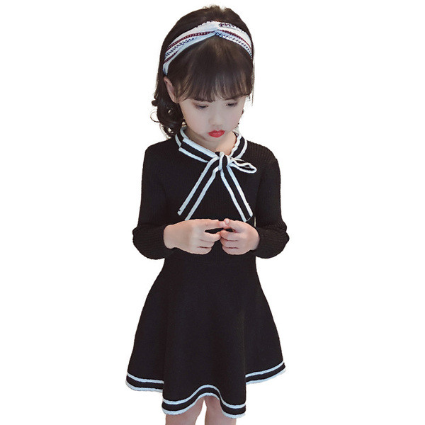 Стилна детска рокля с панделка в черен и червен цвят