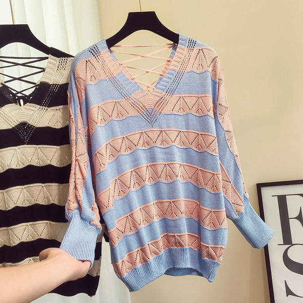 Pulover de damă modern cu cravate în dungi - patru culori