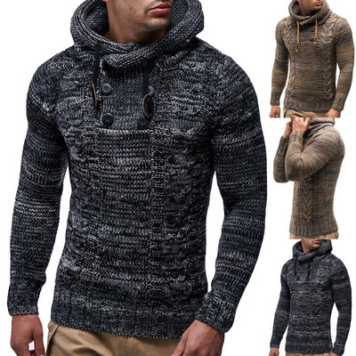Плътен мъжки пуловер с копчета и качулка в два цвята