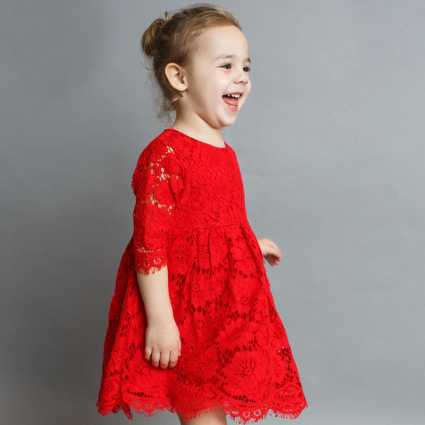 Rochie pentru copii stilata din dantela cu maneci 3/4 in doua modele