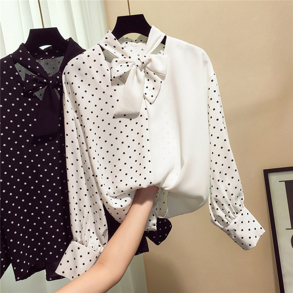 Cămașă de damă elegantă cu buline cu panglică - patru culori