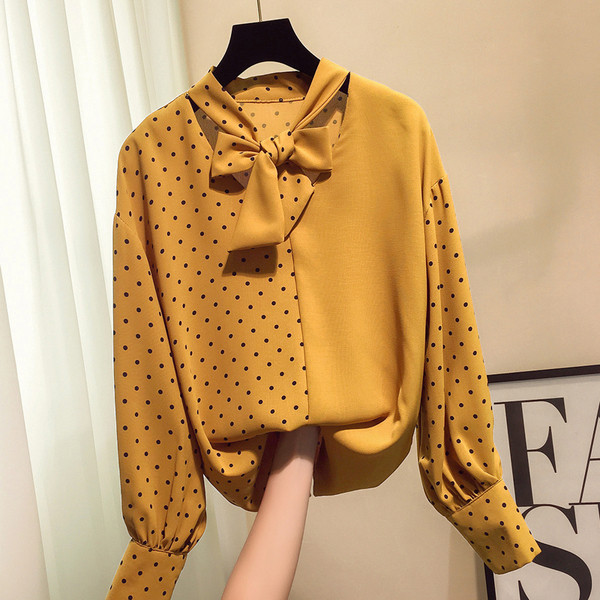 Cămașă de damă elegantă cu buline cu panglică - patru culori