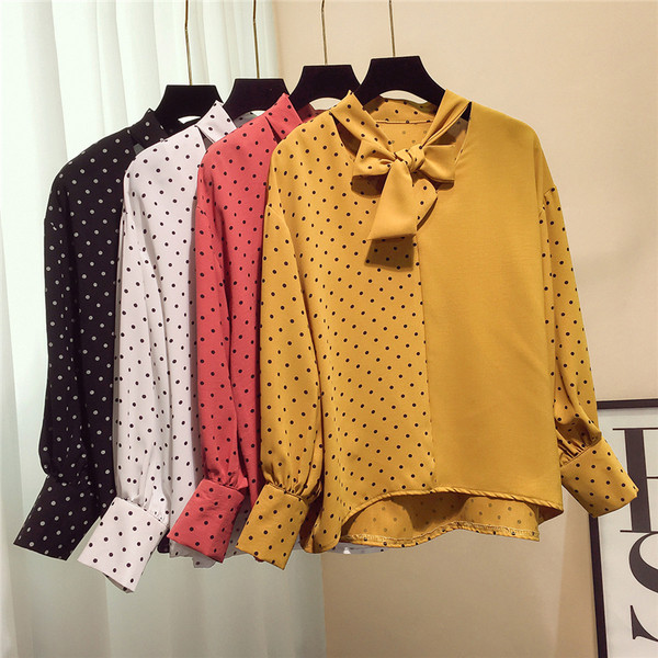 Cămașă de damă elegantă cu buline cu panglică - patru culori