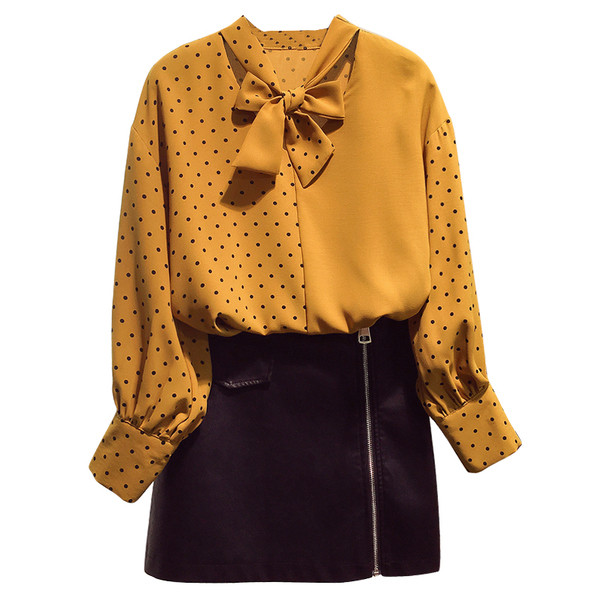 Cămașă de damă elegantă cu buline cu panglică - patru culori