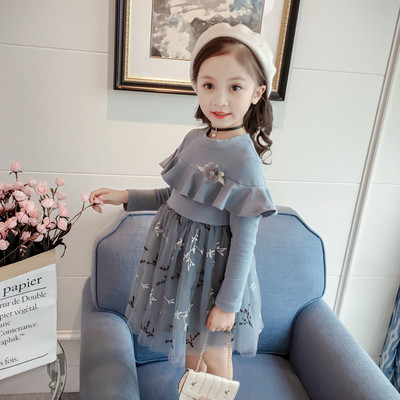 Детска рокля с бродерия и 3D декорация в син цвят