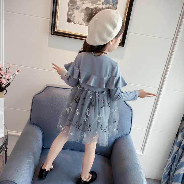 Rochie pentru copii cu broderie si decor 3D in albastru