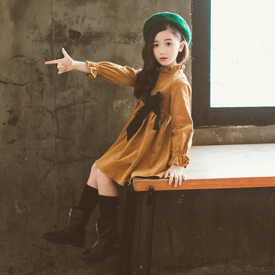 Rochie stilata pentru copii cu maneci lungi si panglica in doua culori