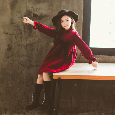 Rochie stilata pentru copii cu maneci lungi si panglica in doua culori