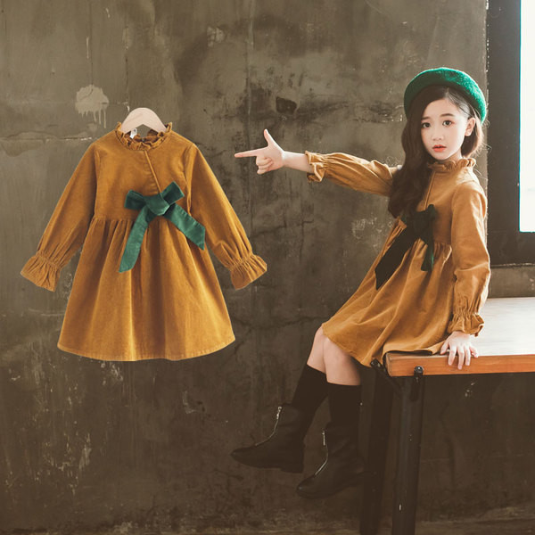 Rochie stilata pentru copii cu maneci lungi si panglica in doua culori