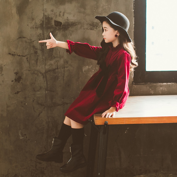 Rochie stilata pentru copii cu maneci lungi si panglica in doua culori