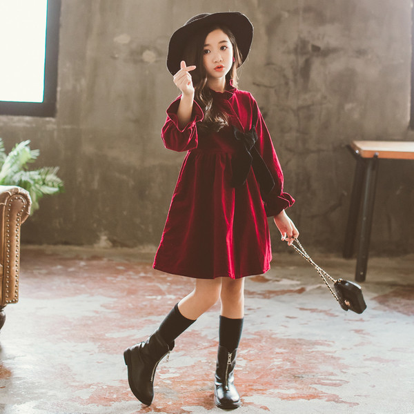 Rochie stilata pentru copii cu maneci lungi si panglica in doua culori