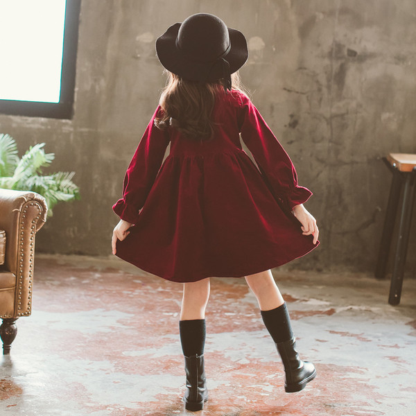 Rochie stilata pentru copii cu maneci lungi si panglica in doua culori