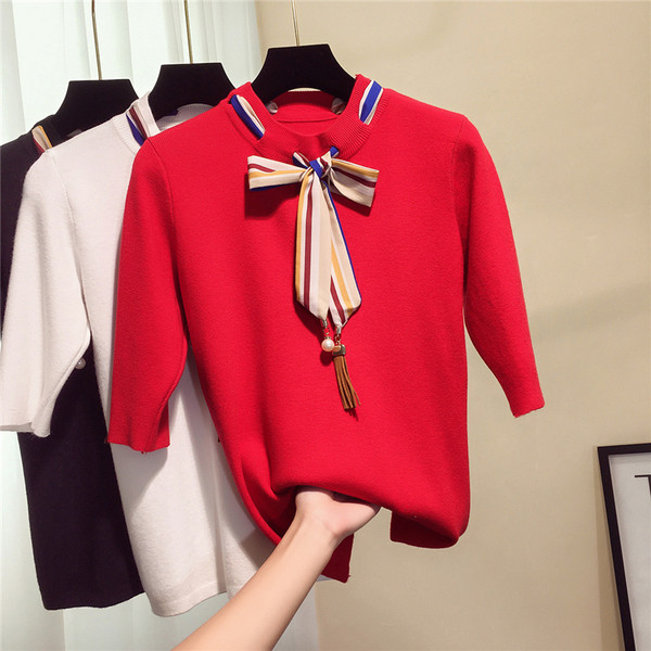 Νέο λεπτό γυναικείο πουλόβερ  με πολύχρωμη κορδέλα - τέσσερα χρώματα