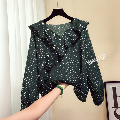 Cămașă de damă modernă din șifon cu buline de culoare verde