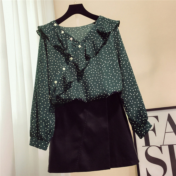 Cămașă de damă modernă din șifon cu buline de culoare verde