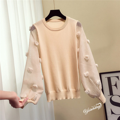 Модерен дамски тънък пуловер с прозрачни ръкави - три цвята