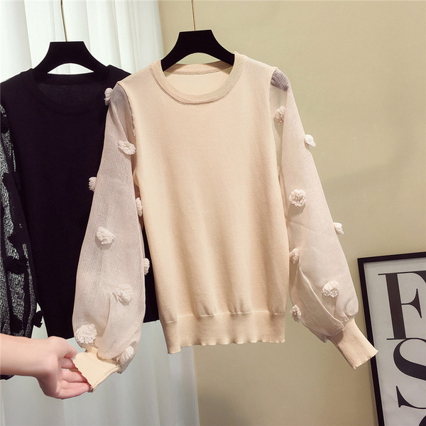 Модерен дамски тънък пуловер с прозрачни ръкави - три цвята