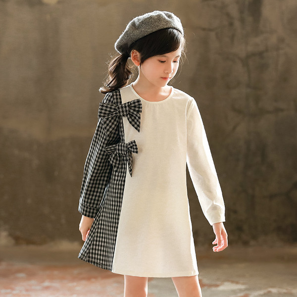 Rochie casual pentru copii alb cu maneci lungi si panglici